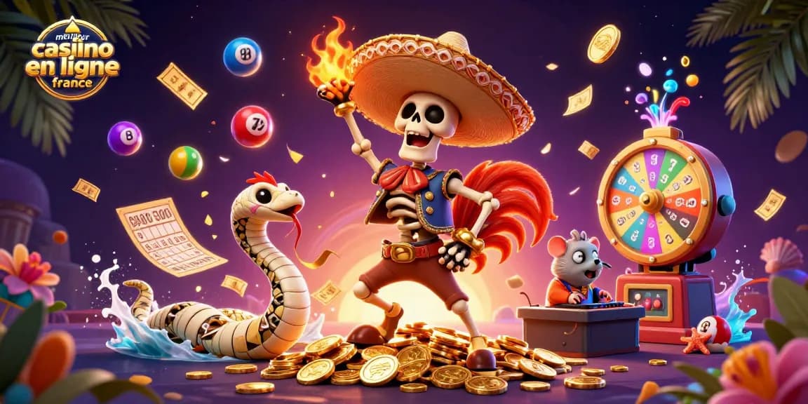 Illustrez le meilleur casino en ligne France avec une danse festive sur des pièces d'or et des éléments de loterie colorés.