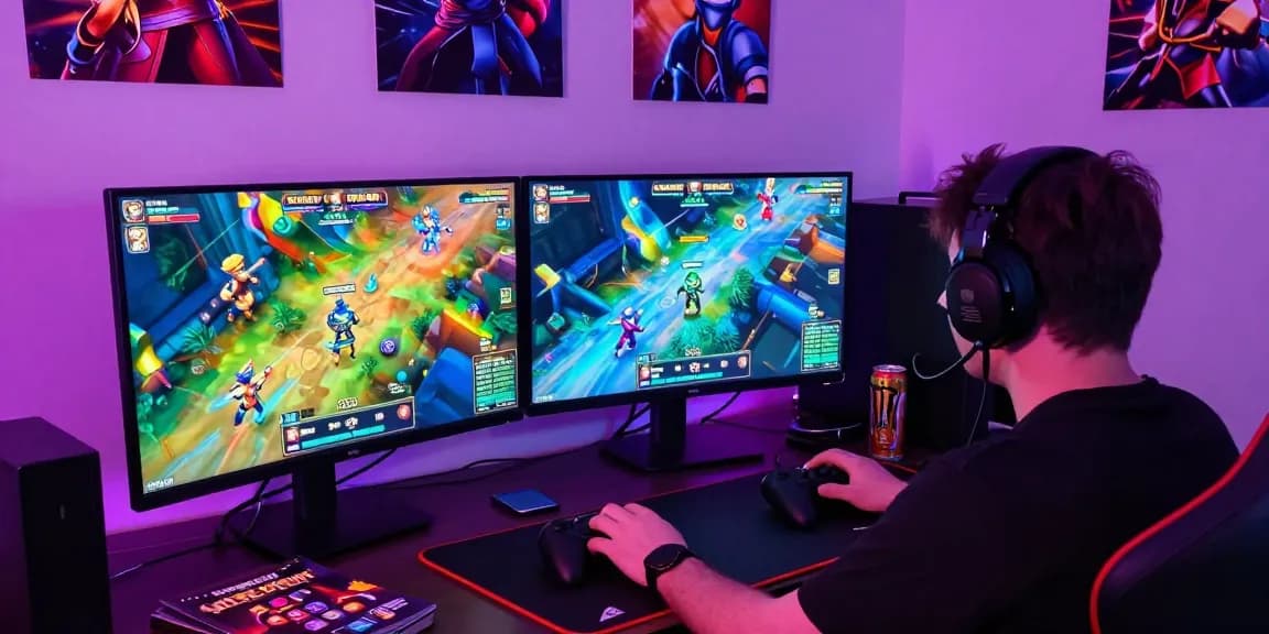 Player enjoying slot gacor game on dual gaming screens with vibrant visuals and accessories.