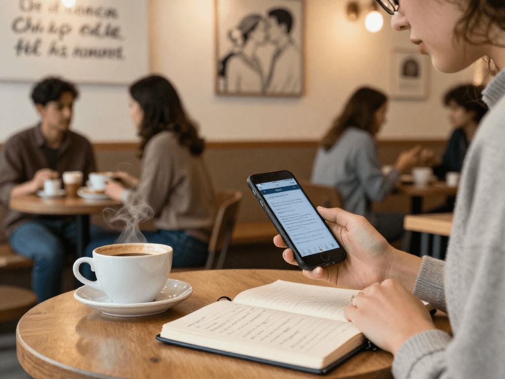 Engaging coffee shop environment where one can crush on potential matches through dating app interactions.