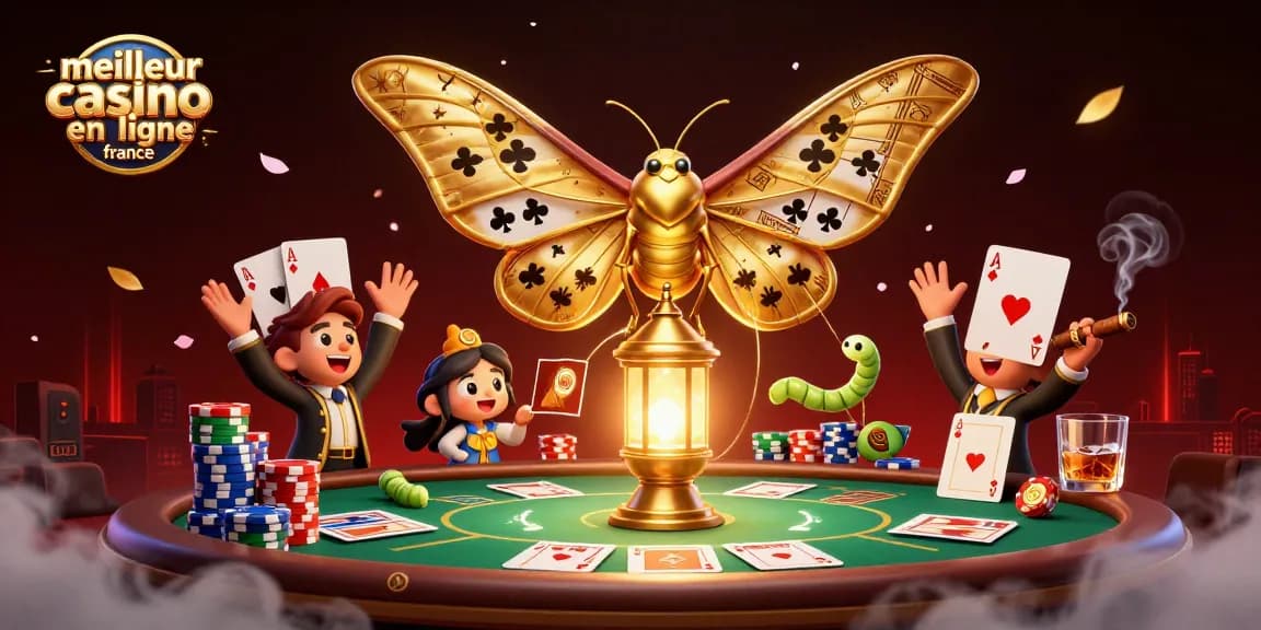 Illustration dynamique représentant le meilleur casino en ligne France, avec un papillon atlas et des éléments de jeu captivants.