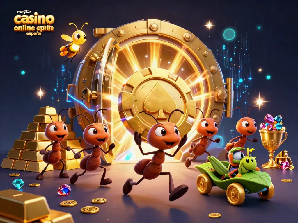 Mejor casino online en España: equipo de hormigas robando fichas de póker gigantes en un túnel iluminado.