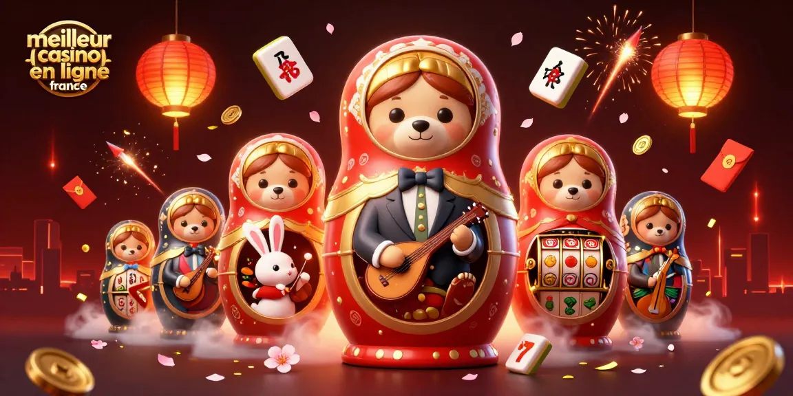 Découvrez le meilleur casino en ligne France avec une illustration colorée et dynamique des oursons Matryoshka en action.