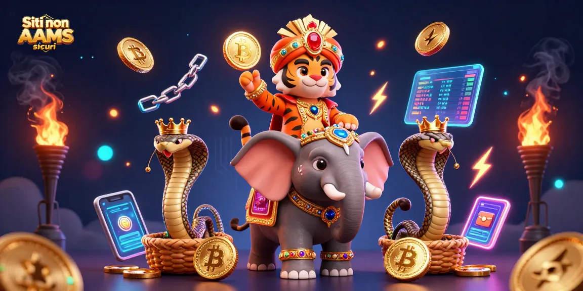 Siti non AAMS sicuri: Un'avvincente illustrazione 3D di un maharaja e un elefante circondati da criptovalute.