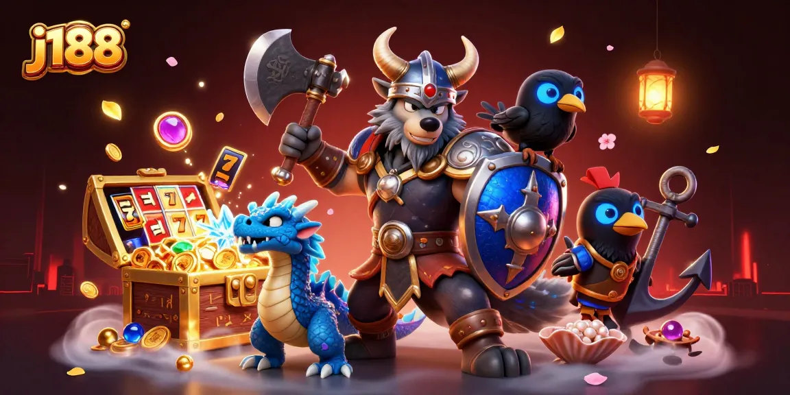Engage in thrilling j188 casino action with a Viking wolf warrior, dragon, and vibrant gaming elements.
