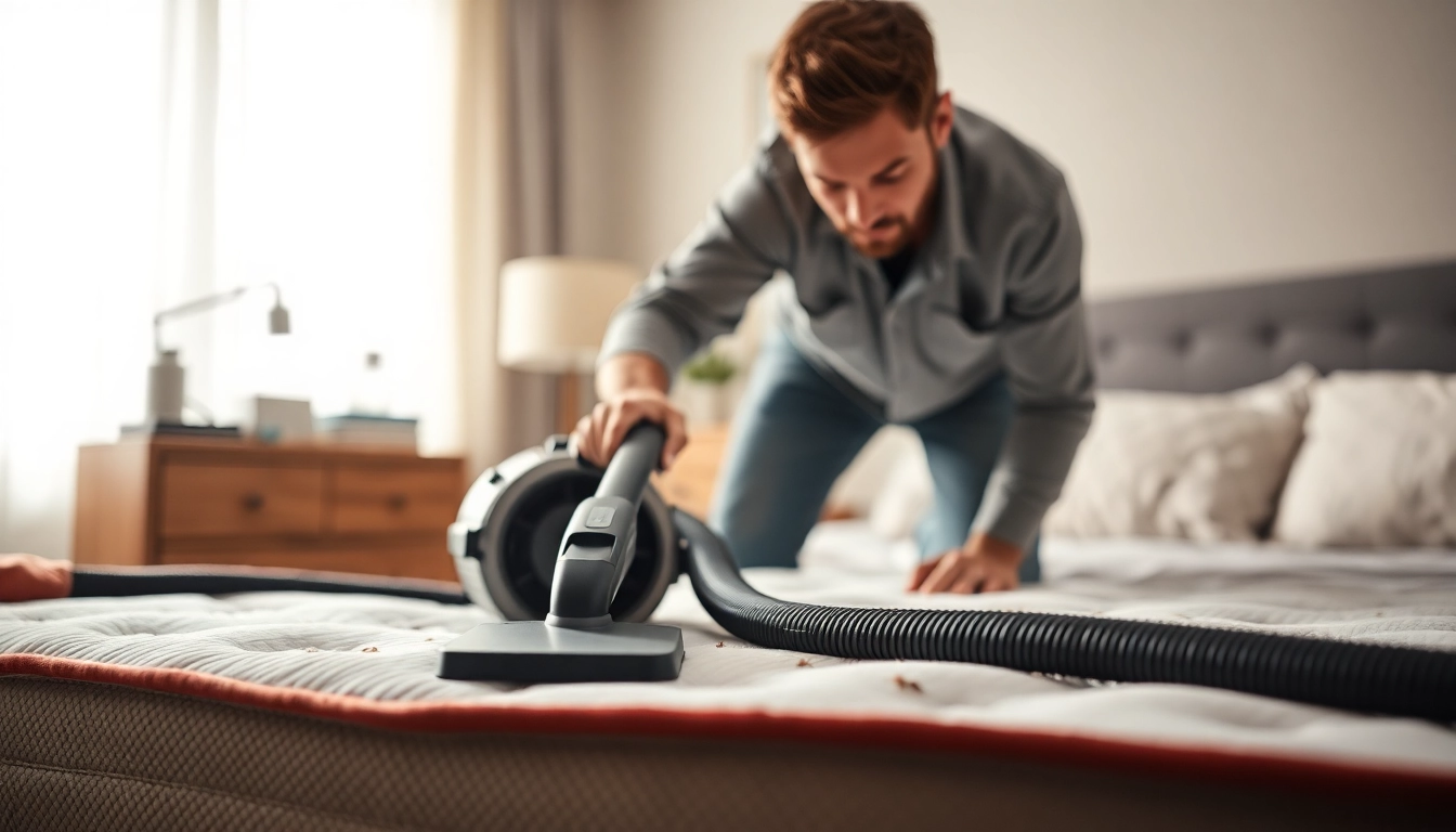 Engaging bed bug removal process showcasing a technician efficiently working on a mattress.