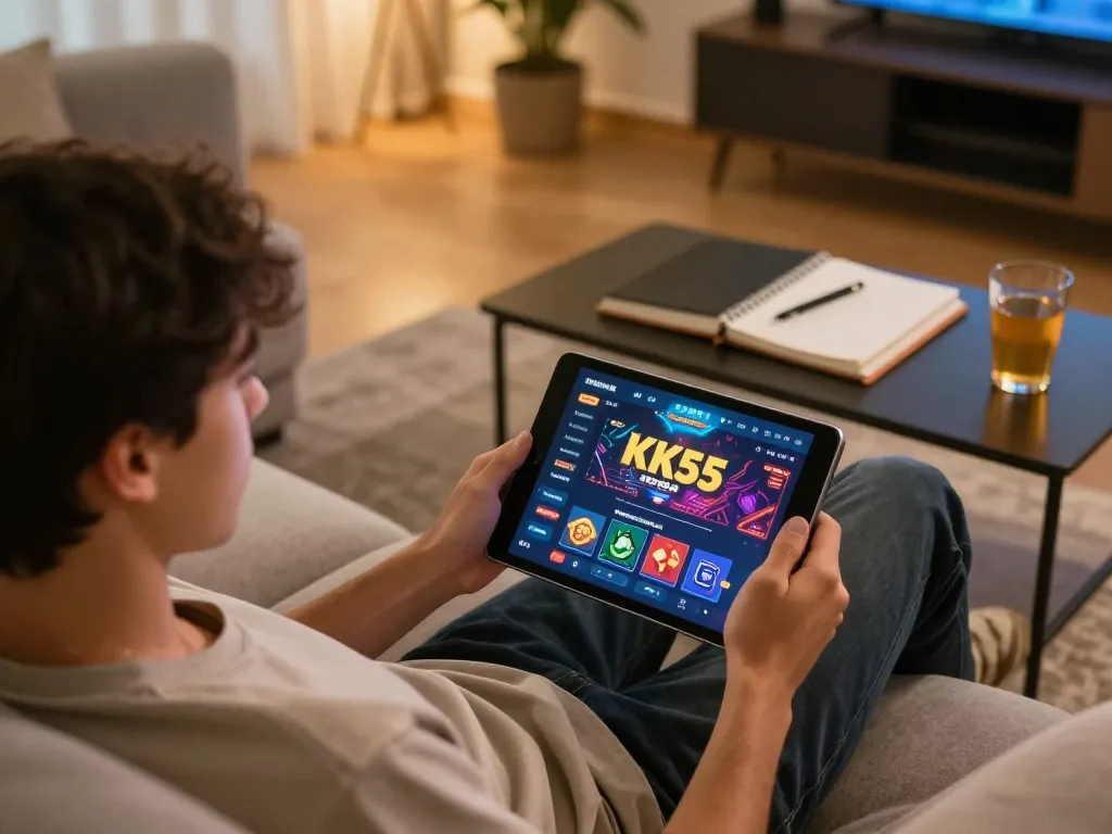 Engaged player exploring the KK55 casino app on a tablet during a relaxed gaming session at home