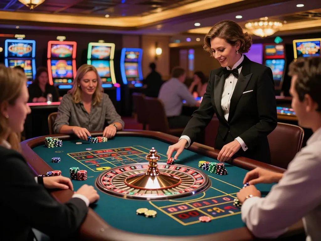 Players engage at a fly88 roulette table, making thrilling bets amid vibrant casino lights.
