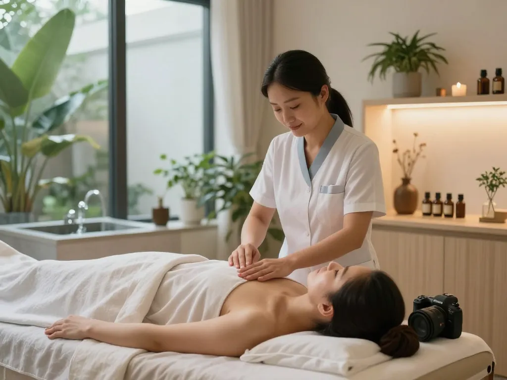 Patient receiving treatment at 수원한의원 with an acupuncturist in a serene wellness environment.