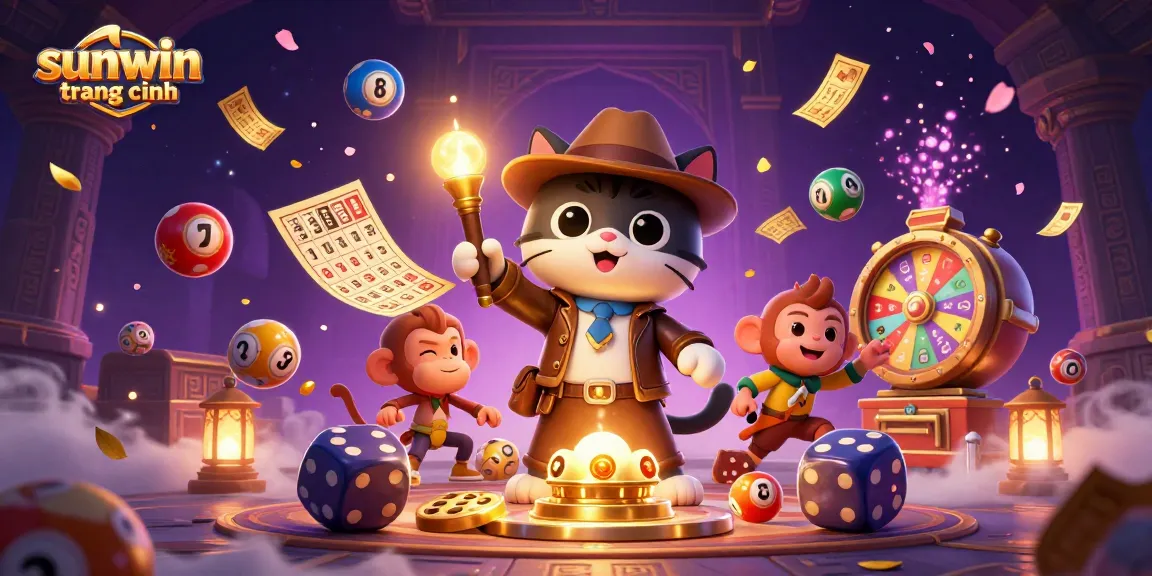 Engage in vibrant gameplay at sunwin trang chính, with a lively cat explorer discovering treasures and dynamic lottery games.