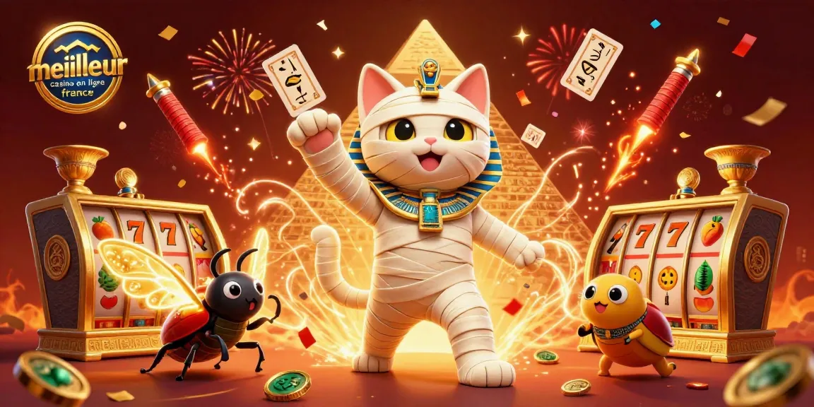 Profitez des jeux au meilleur casino en ligne France avec une illustration captivante d'un chat momie égyptien.