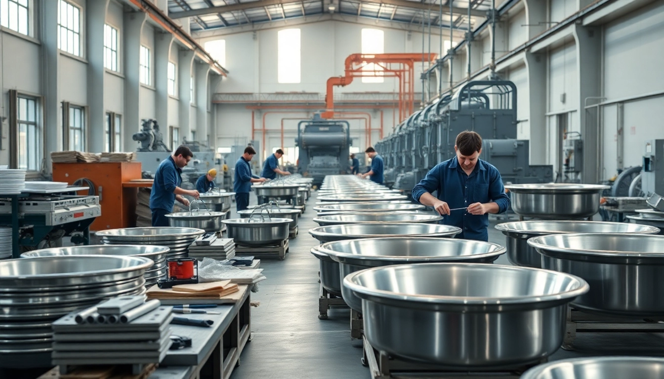 Skilled workers in a stainless steel basin factory expertly assembling high-quality products.