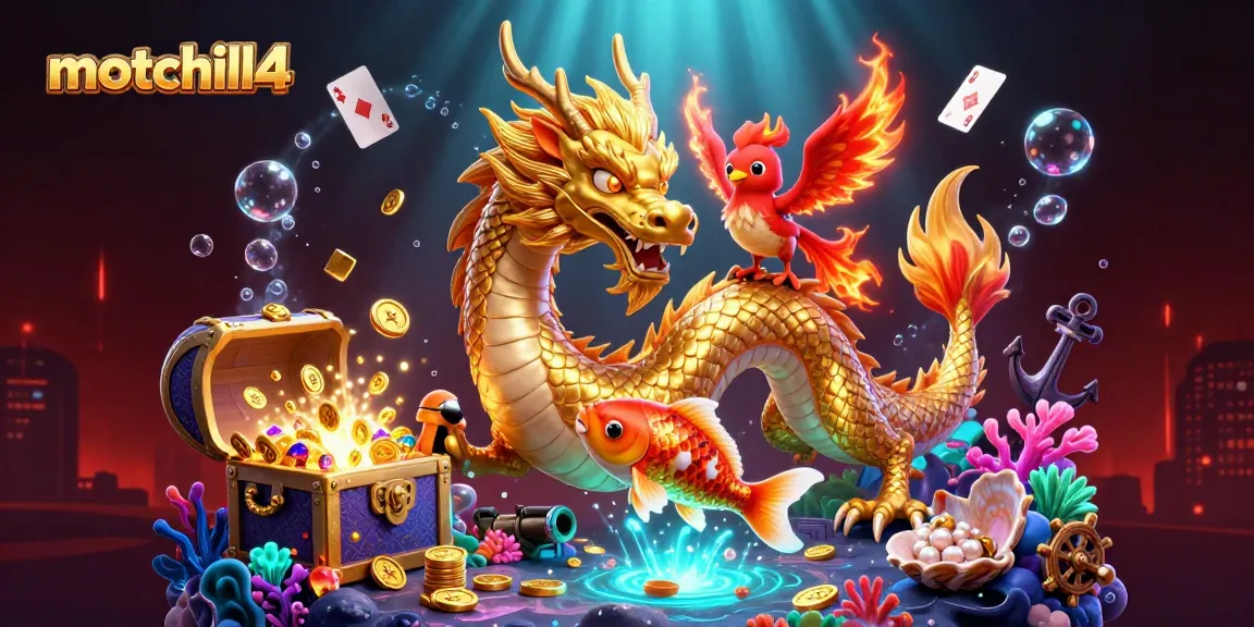 Experience thrilling adventures with motchill4's vibrant casino-themed illustration showcasing a golden dragon and koi fish.