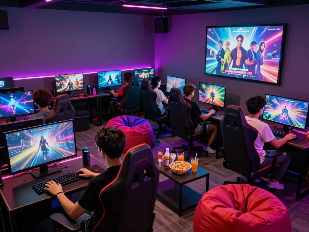 Engaged adults enjoying a real porn game in a vibrant gaming lounge with colorful lighting.