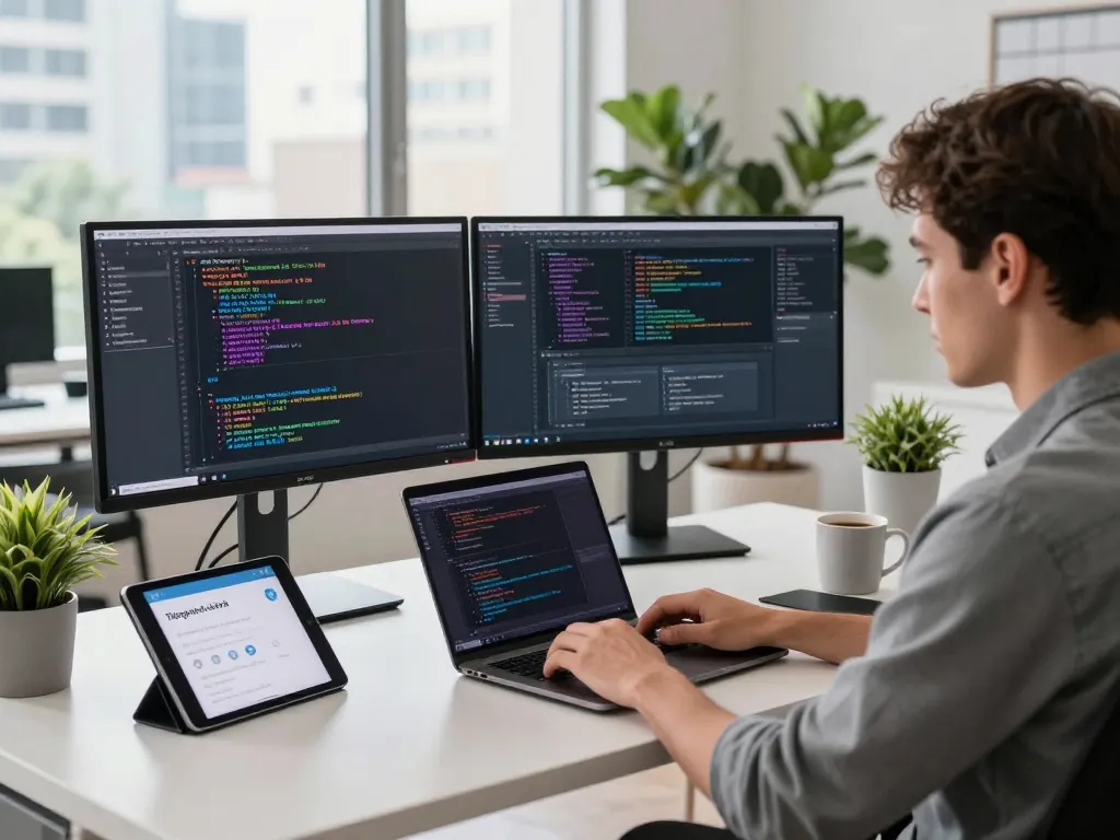 Developer enhancing telegram 中文 experience in a modern office.