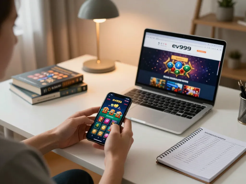 Engage with ev999 casino app using a smartphone in a cozy home setting.