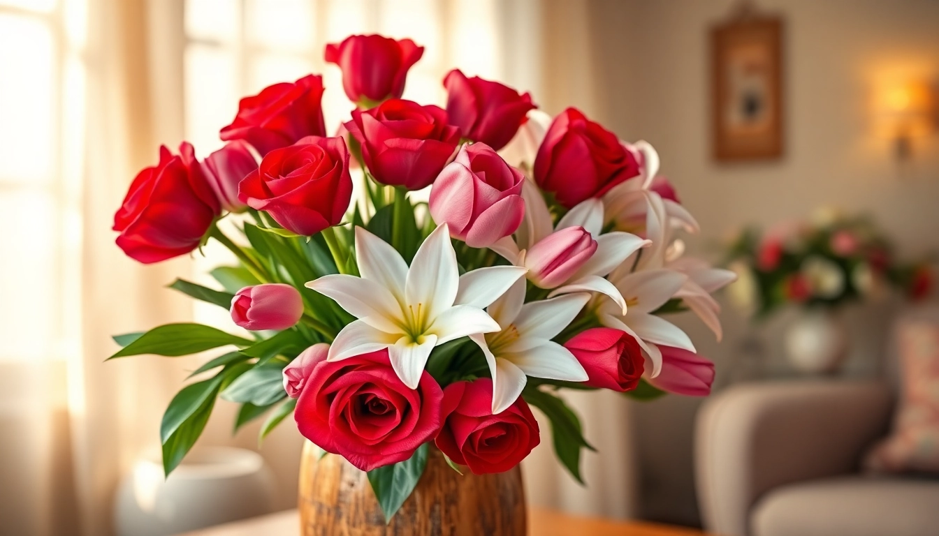 A beautiful arrangement of valentines flowers including red roses and pink tulips in a rustic vase.