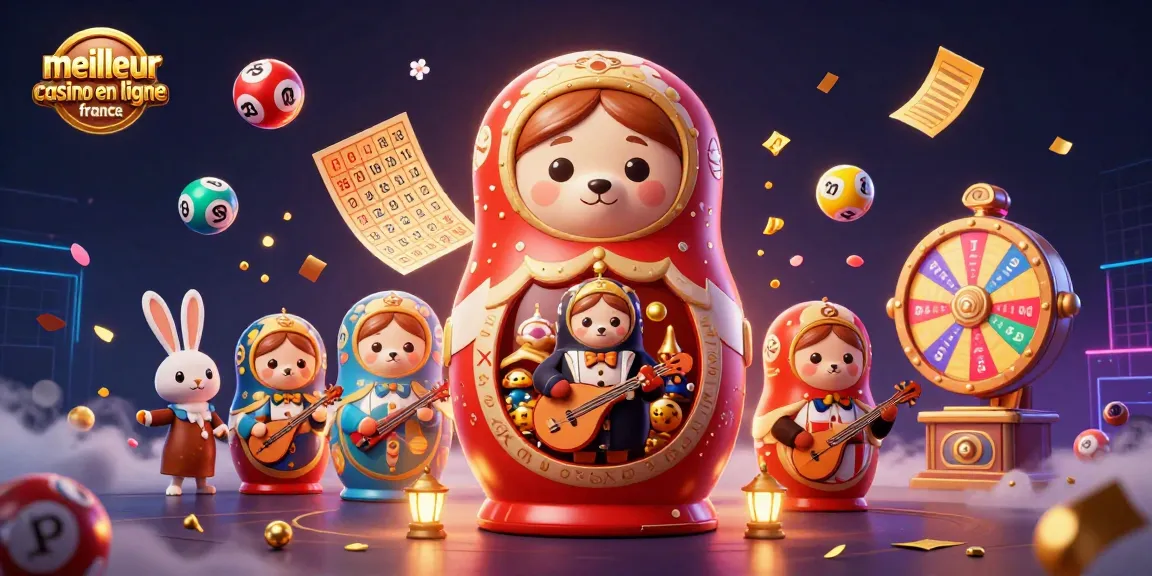 L'image présente le meilleur casino en ligne en France, illustrant des ours Matryoshka parés de tenues de croupiers, entourés d'éléments de jeu.