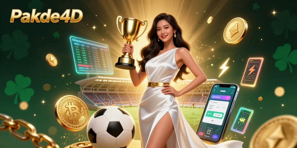 Experience thrilling wins with Pakde4D as a confident winner holds a trophy surrounded by dazzling sports betting elements.