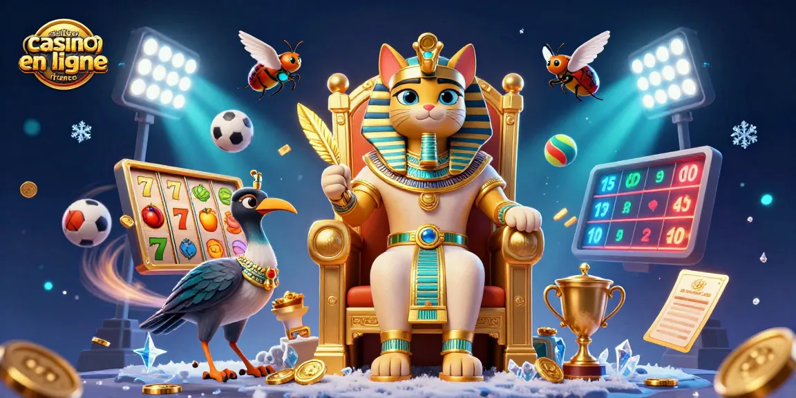 Illustration dynamique du meilleur casino en ligne France, avec un pharaon égyptien et des éléments de jeux de casino.