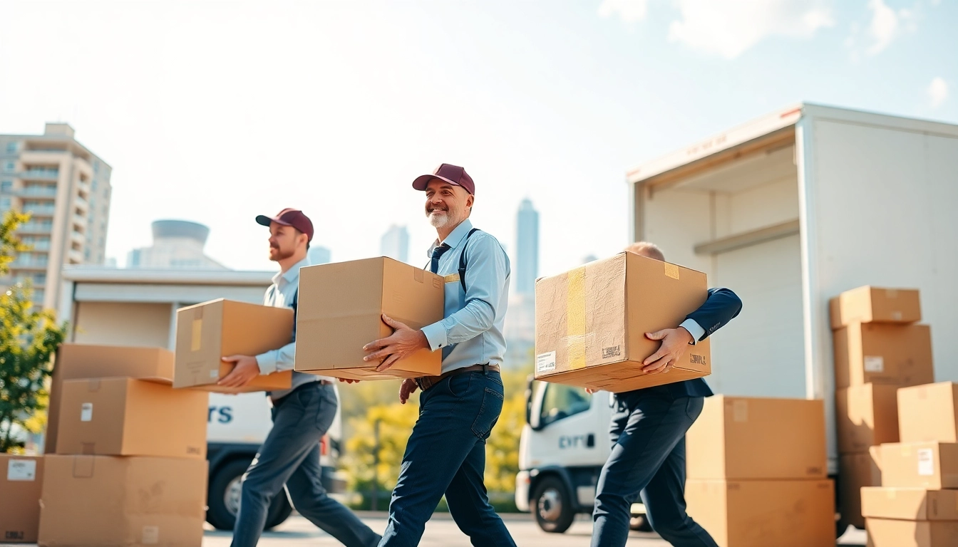 Local movers carefully transporting items in a bright urban environment, showcasing their professionalism.