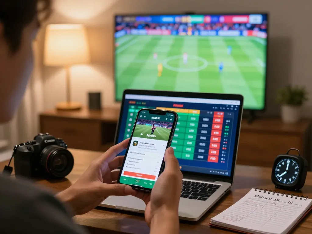 Engaging moment of open88 đăng nhập app usage for live sports betting in a cozy home setting.