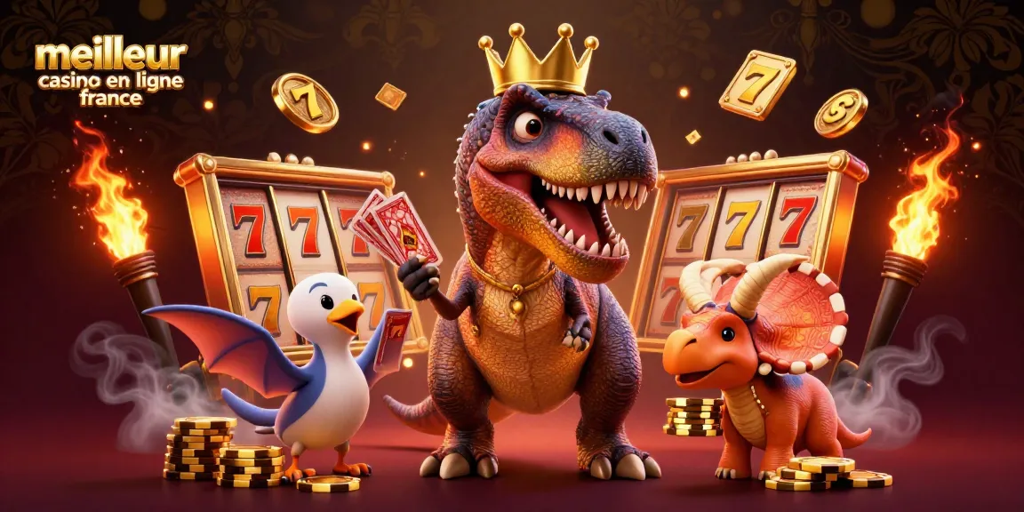 Affiche le meilleur casino en ligne France avec un T-Rex, un ptérodactyle, et un tricératops jouant aux machines à sous