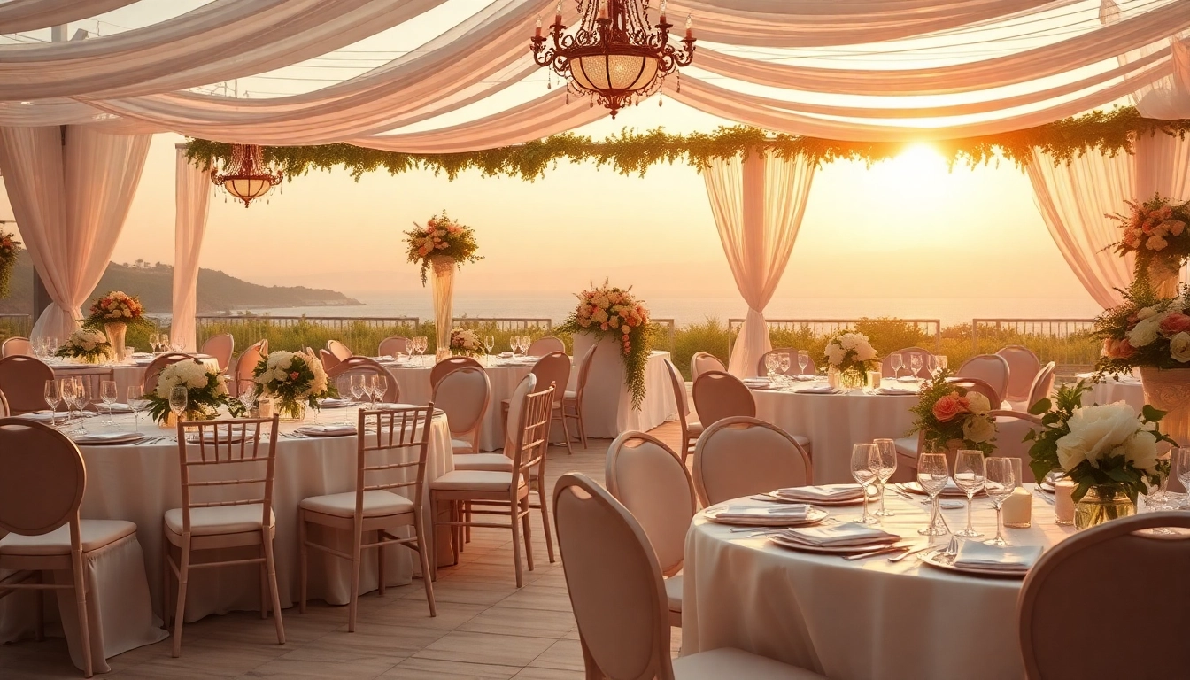 Set up for Wedding Rentals featuring elegantly decorated tables and chairs adorned with flowers.