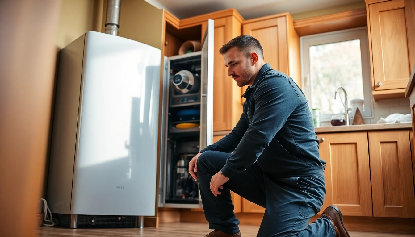 Bristol plumber skillfully installing a boiler in a warm kitchen environment.