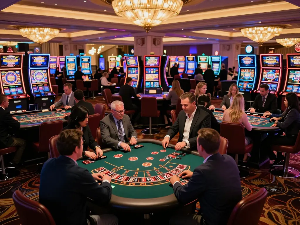Players enjoying exciting games at SC8885 casino, vibrant roulette and blackjack tables glimmering under bright lights