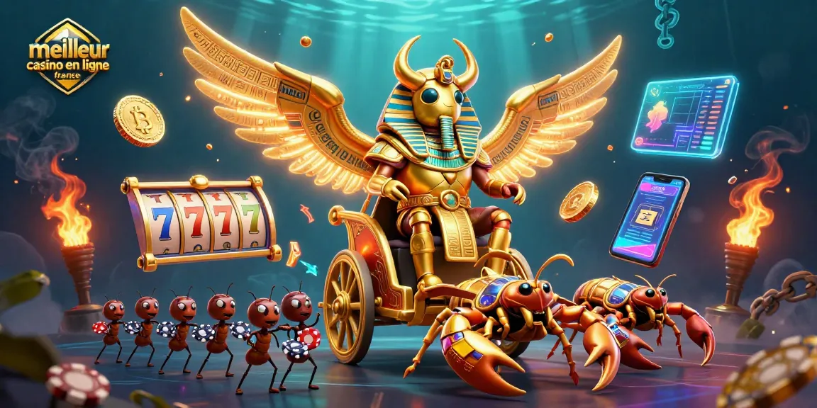 Jeu captivant au meilleur casino en ligne France avec un scarabée doré et des scorpions.