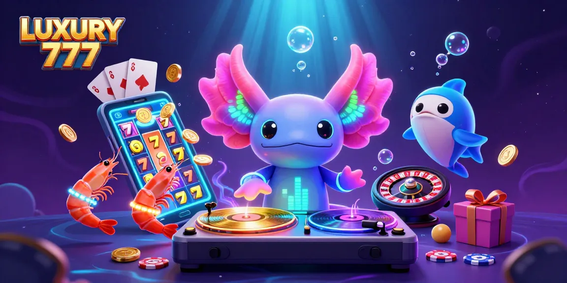 Memenangkan jackpot LUXURY 777 dengan karakter ceria dalam ilustrasi kasino digital bawah laut.