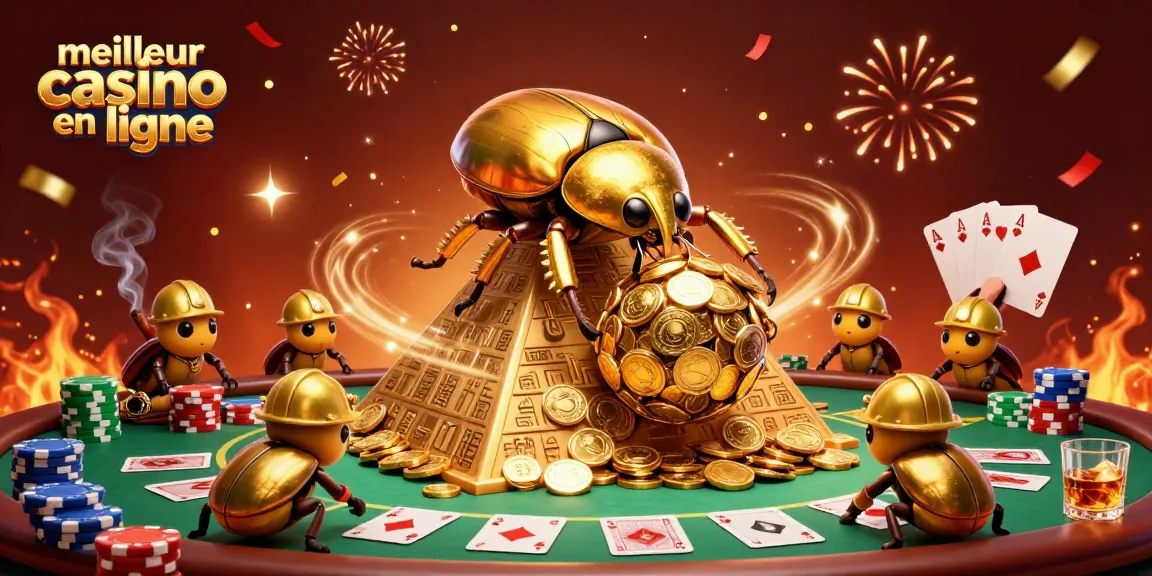 Découvrez le meilleur casino en ligne avec un scarabée doré et des jetons de poker voguant.