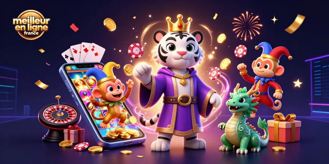 Illustration colorée du meilleur casino en ligne France avec un tigre, un singe jonglant et un dragon en jade.