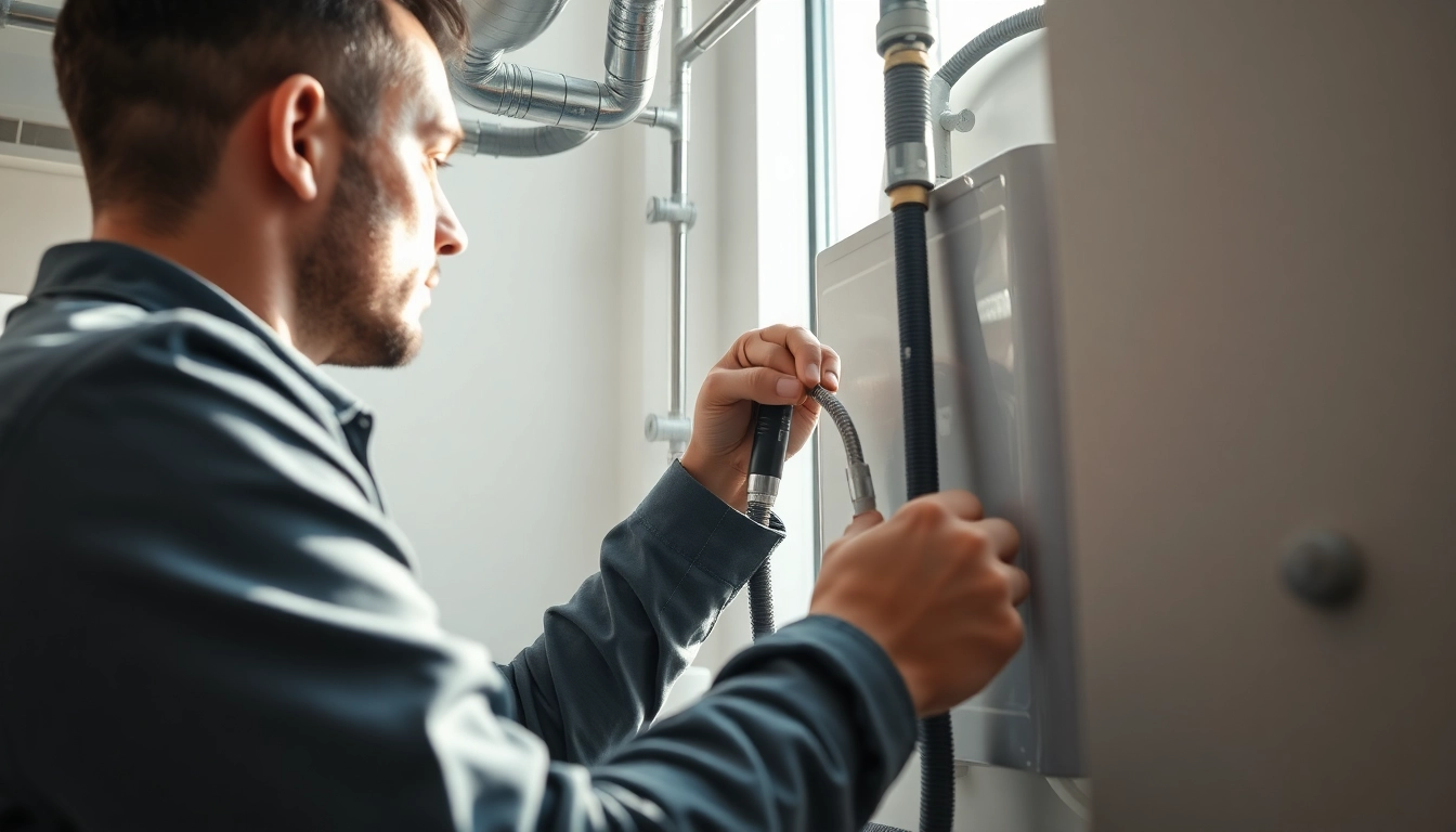 Engaged plumber focusing on north shore plumbing and heating system installation.