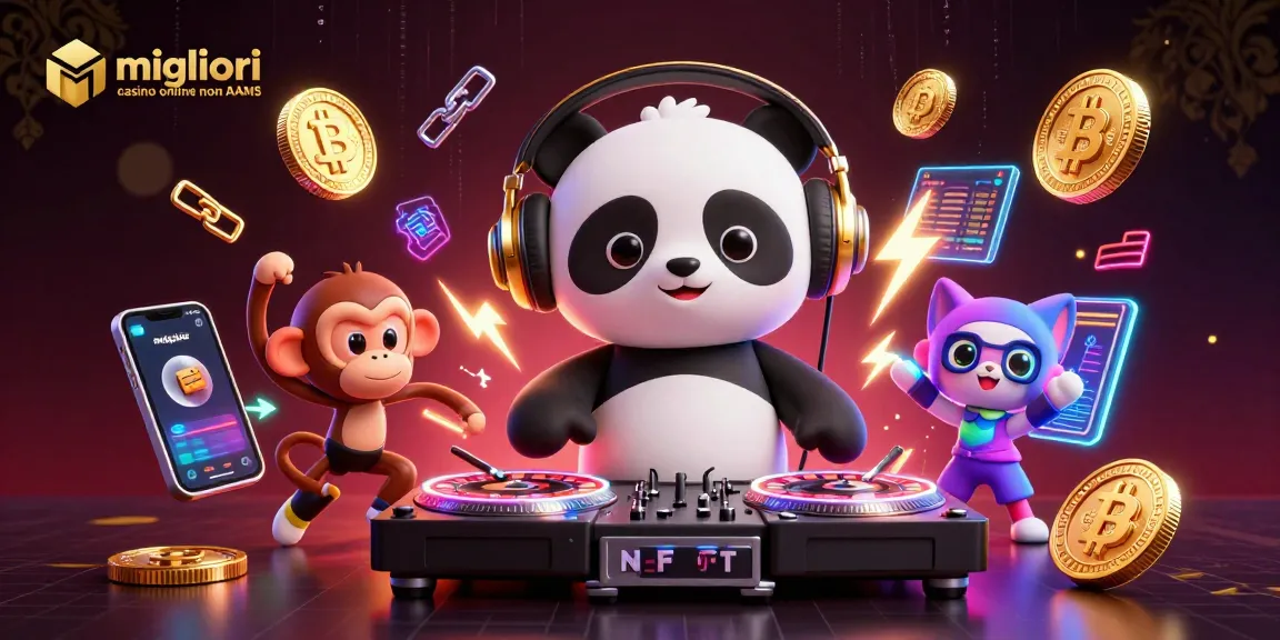 Migliori casino online non AAMS illustrati con un panda DJ in una scena di festa casinò vibrante, circondato da monete digitali.