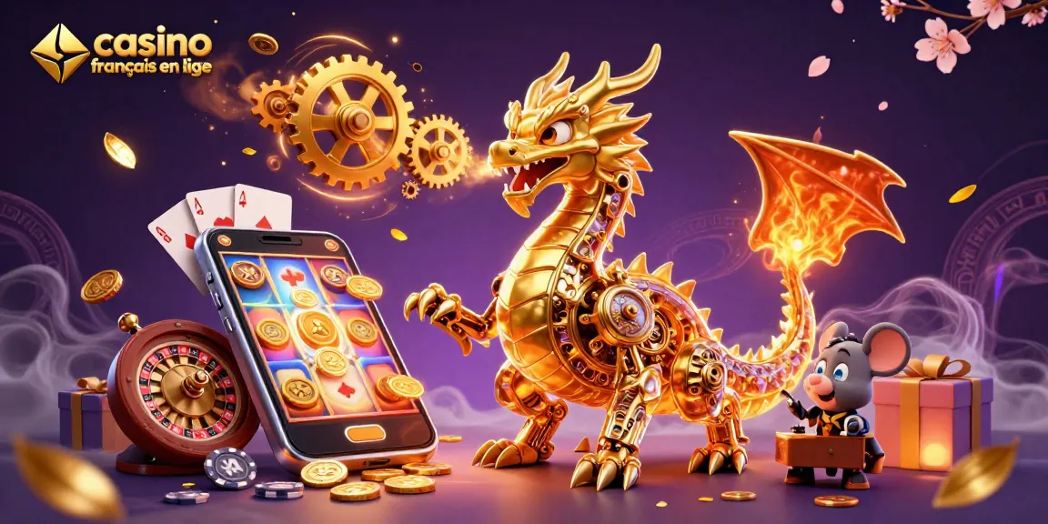 Casino français en ligne : Dragon mécanique captivant entouré de jeux de casino 3D et d'éléments lumineux.