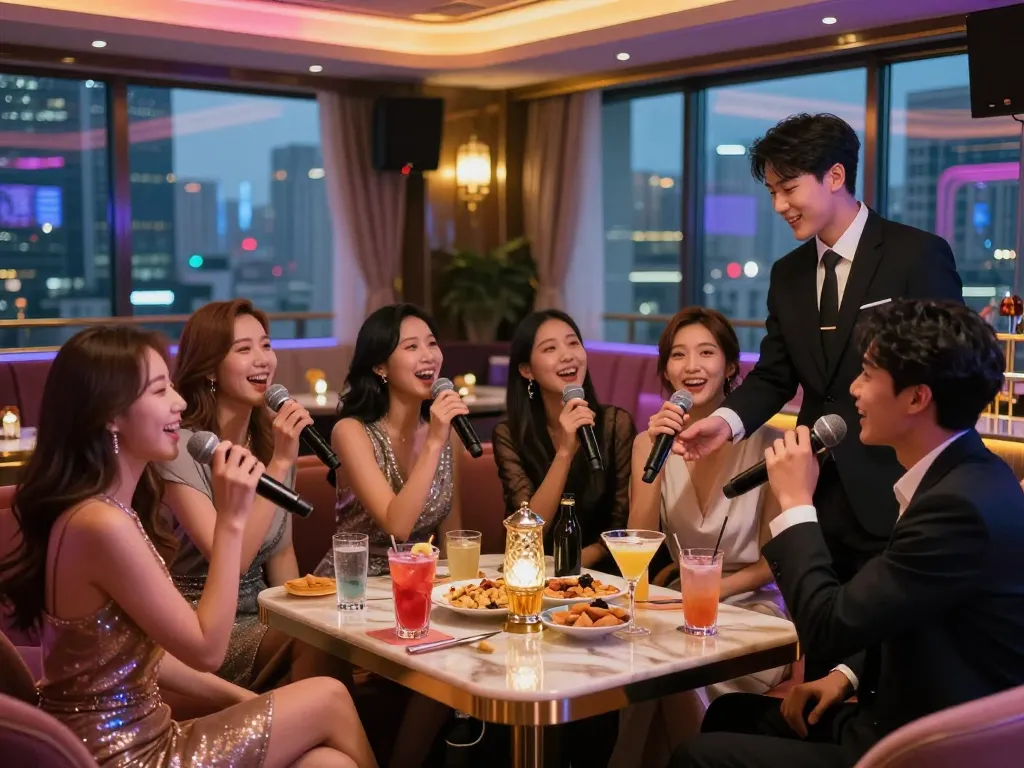 Enjoy a night out at the premium karaoke bar in Gangnam, capturing the vibrant atmosphere and elegant decor at https://www.gangnamtune.com/ while friends sing and celebrate.