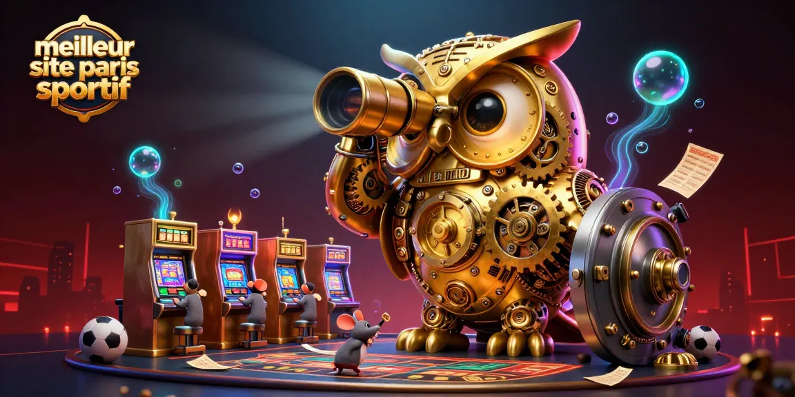 Meilleur site de paris sportif avec un hibou à rouages surveillant le casino entouré de détails de paris.
