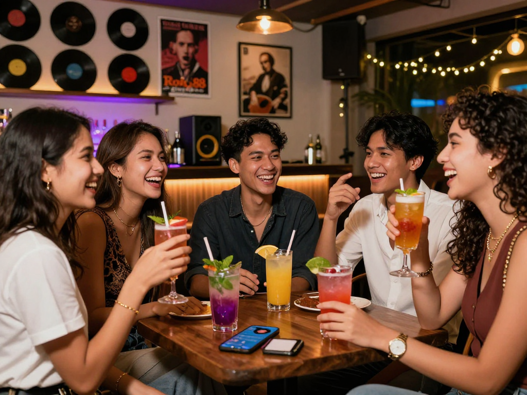 Friends enjoying cocktails and music at a vibrant lounge, highlighting rokok88 alternatif as a social entertainment choice.