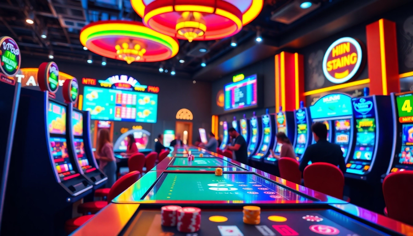 Excited players enjoying Vegas hero online casino slot machines under vibrant neon lights.