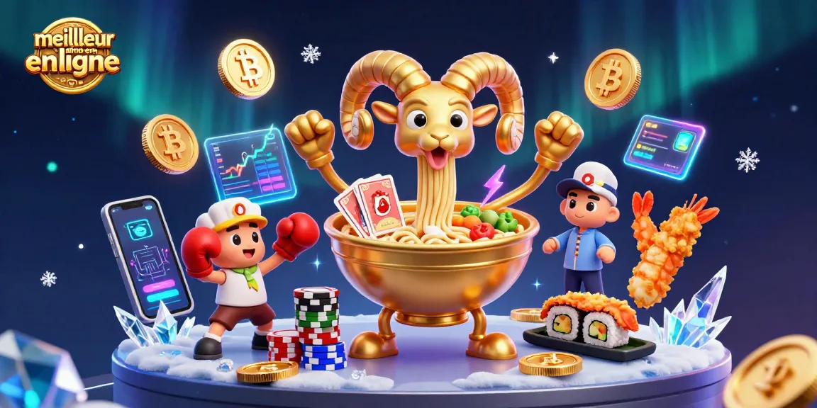 Illustration colorée représentant le meilleur casino en ligne France avec un bol de ramen géant et des personnages amusants
