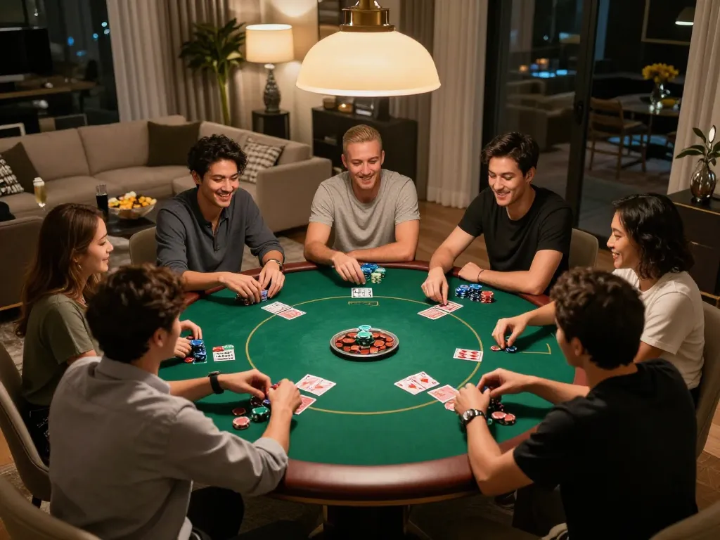Migliori casino online stranieri - Friends enjoying a lively home poker night with strategic discussions and competitive gameplay