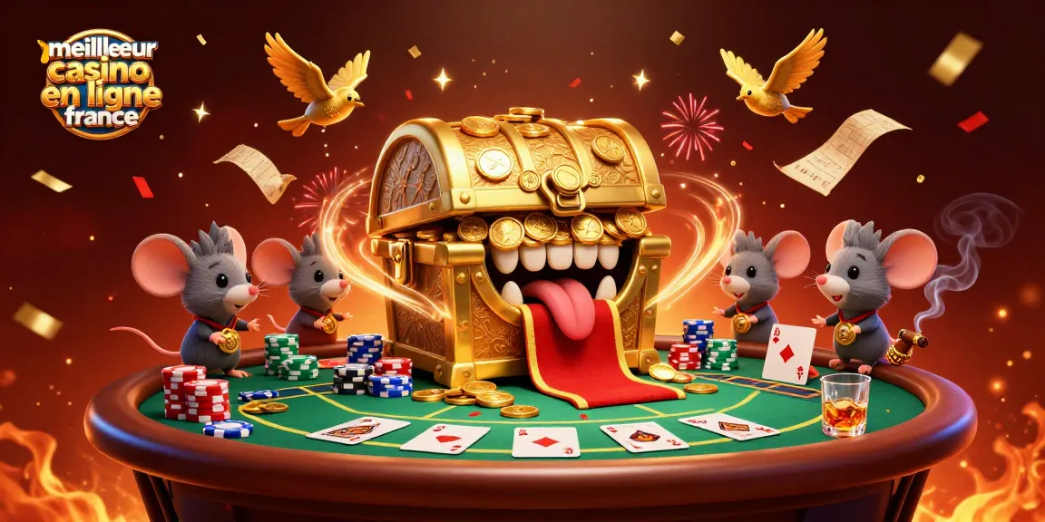 Découvrez le meilleur casino en ligne France avec une illustration captivante de trésors, jetons et cartes de poker.