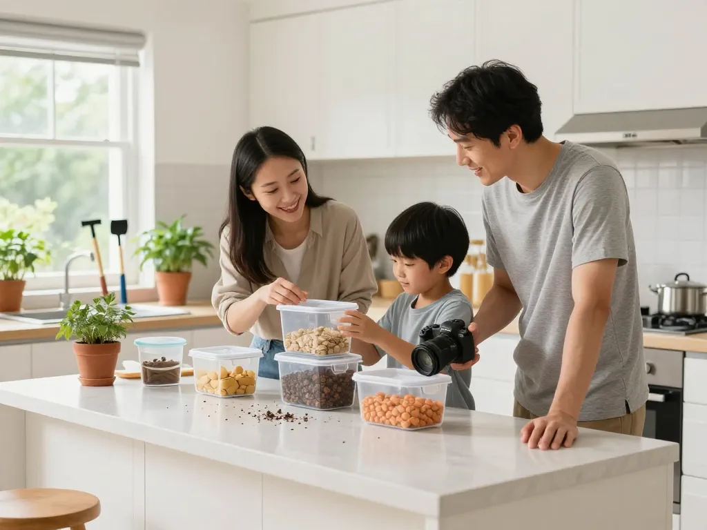Pest prevention family activities in a clean kitchen, teaching food storage and home checks.