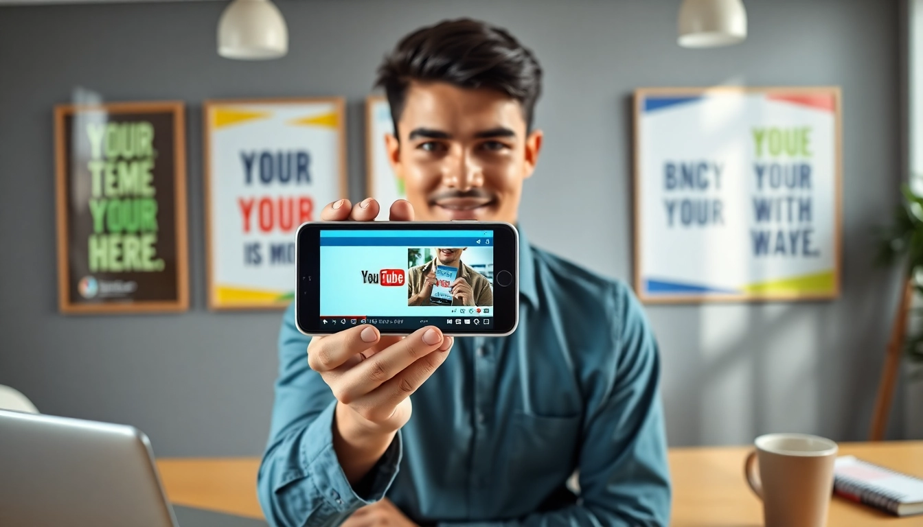 youtube 再生回数 購入 を反映したスマホを持つ若手起業家の特徴的な姿勢