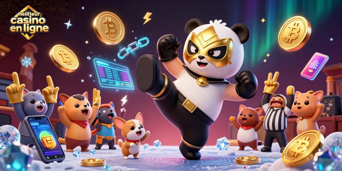 Visualisez le meilleur casino en ligne avec un panda lutteur en vol, des pièces de cryptomonnaie et une ambiance festive.