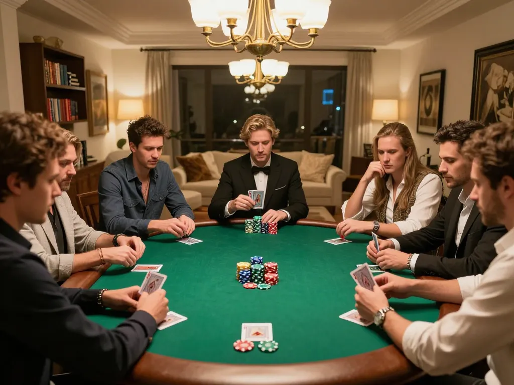 CM88 hosts a vibrant poker game night in a cozy home, showcasing players engaged in strategy.