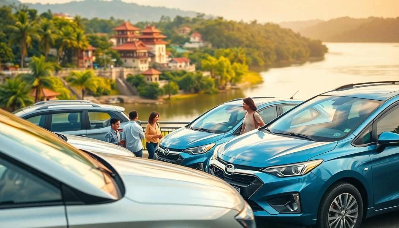 Kuching rent car services featuring diverse rental cars by a scenic river.