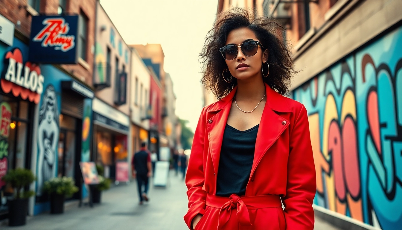 Fashion model showcasing vibrant street style in an urban setting.