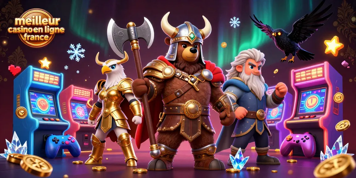 Illustration colorée représentant le meilleur casino en ligne France avec un ours viking et une aigle valkyrie.